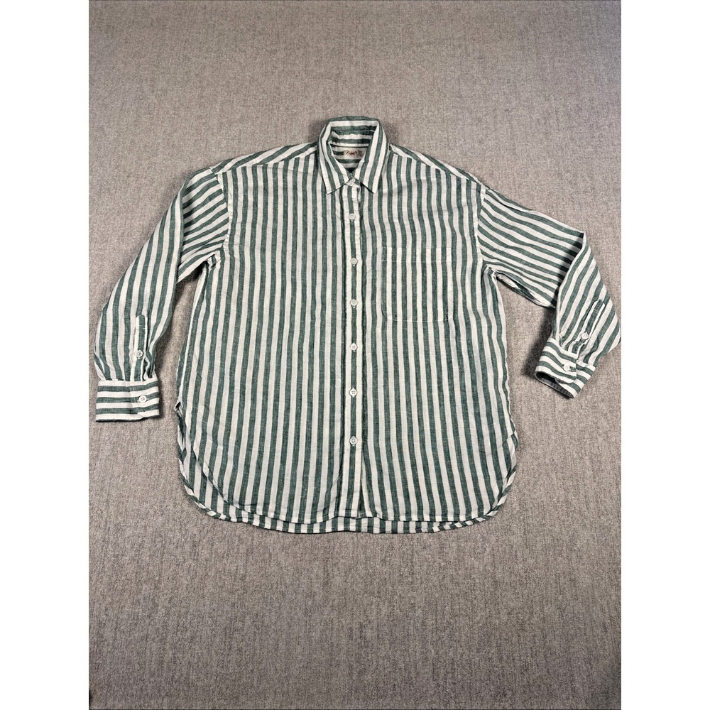 Faherty 100% Linen Shirt Womens XS Green Striped Long Sleeve Blouse Top Casual